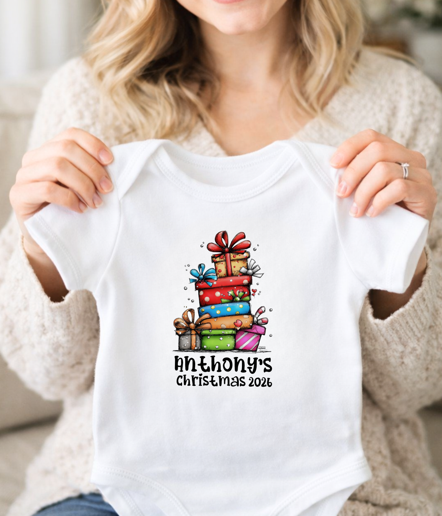 Personalized Baby Christmas Gift Stack Bodysuit – Custom Name & Year Holiday Outfit