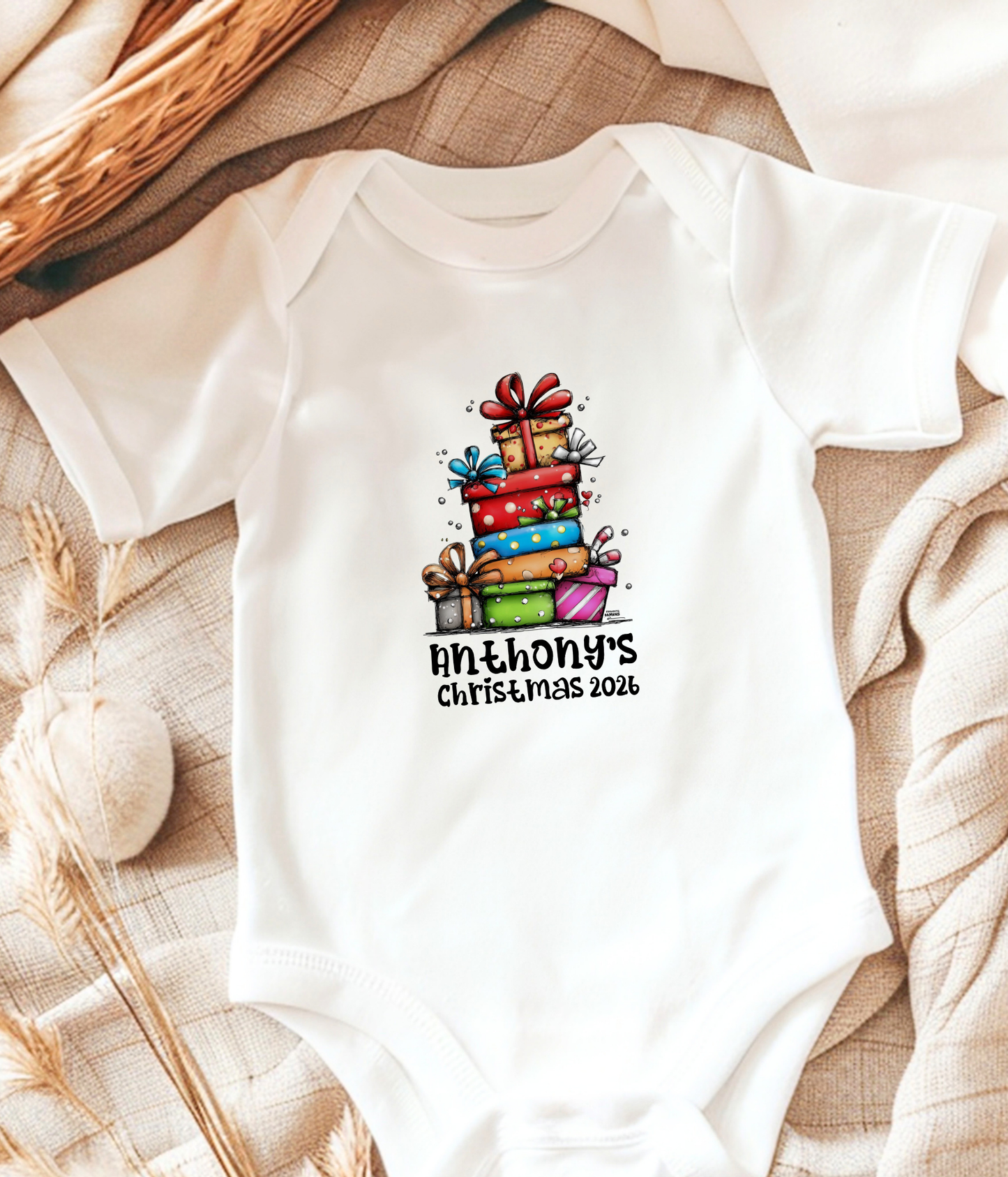 Personalized Baby Christmas Gift Stack Bodysuit – Custom Name & Year Holiday Outfit