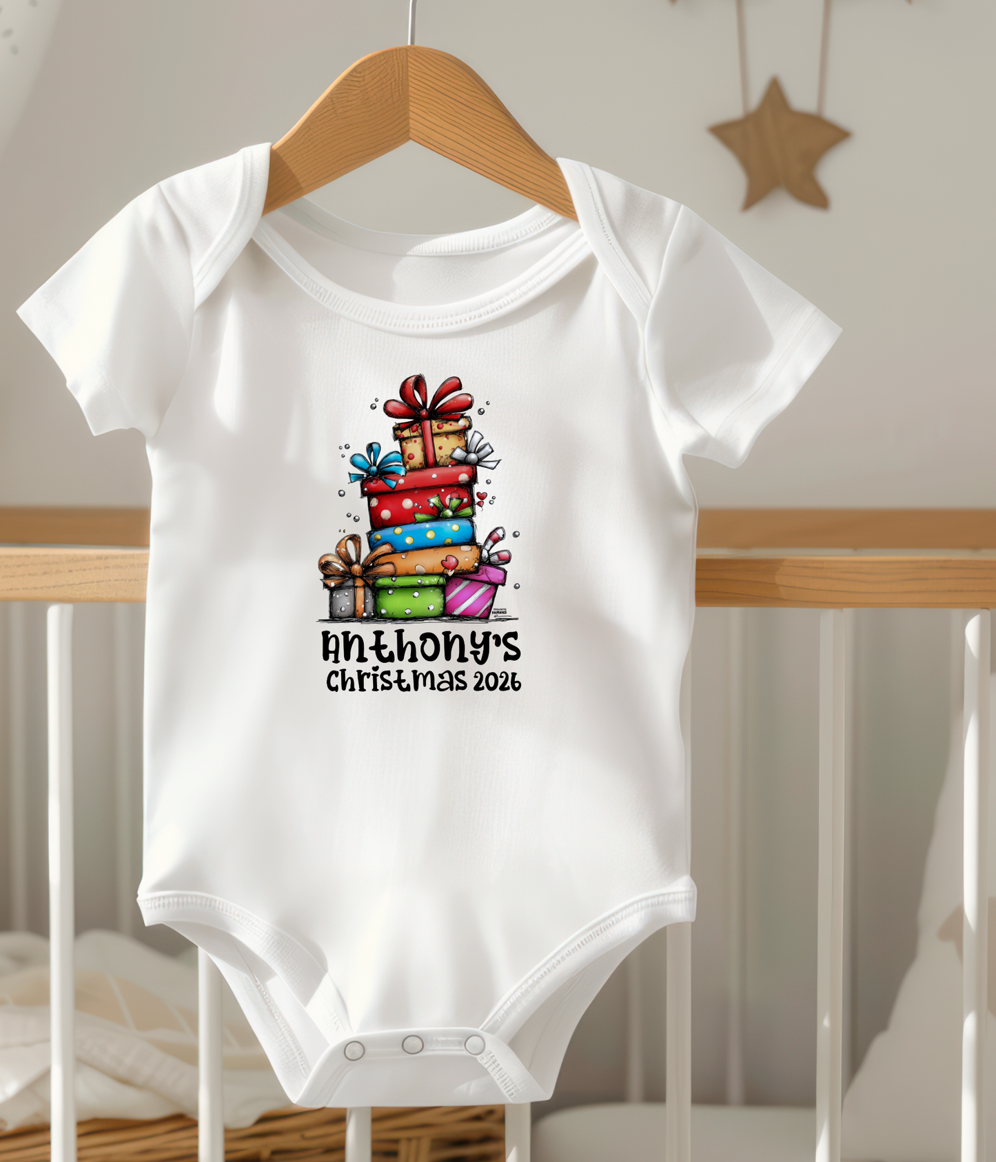 Personalized Baby Christmas Gift Stack Bodysuit – Custom Name & Year Holiday Outfit