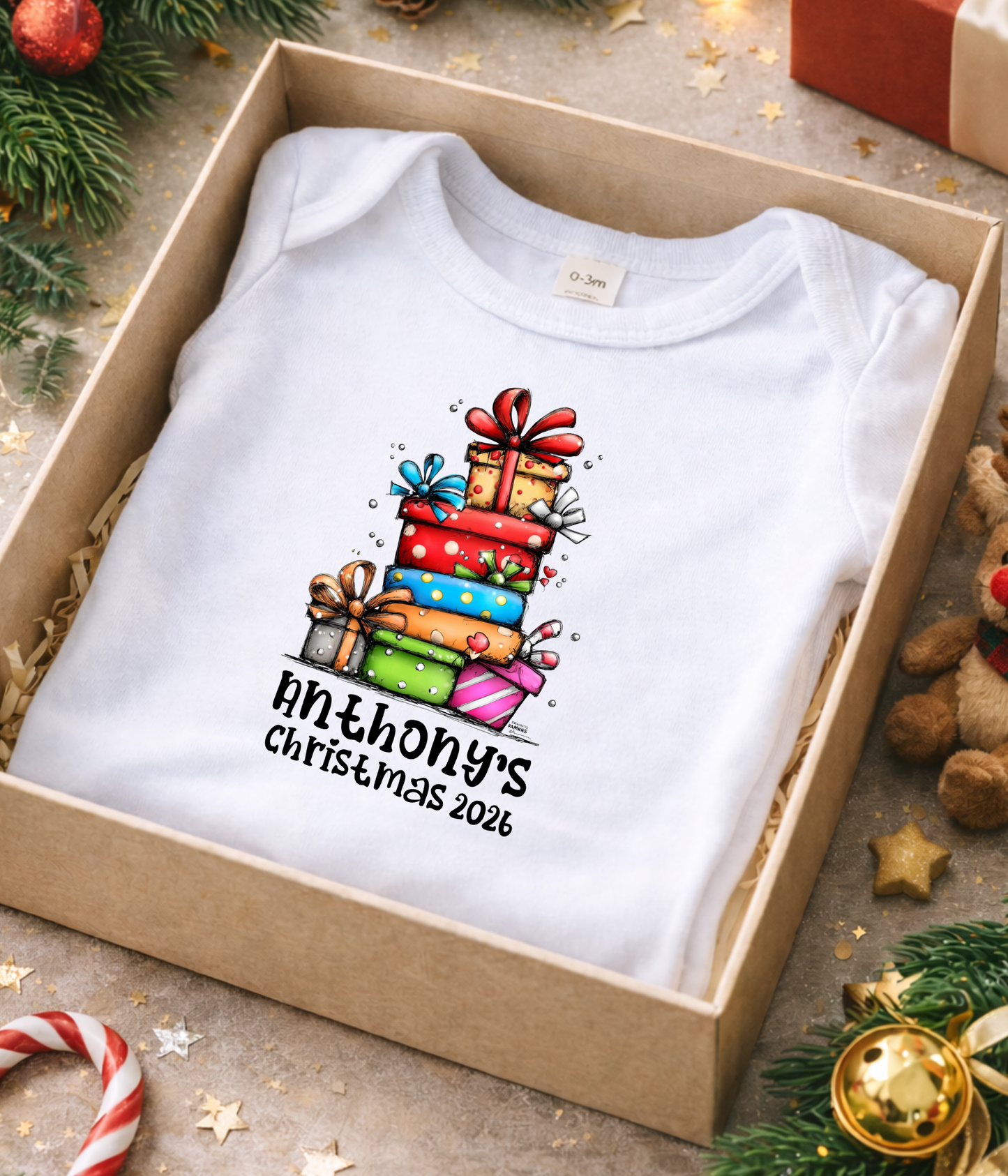 Personalized Baby Christmas Gift Stack Bodysuit – Custom Name & Year Holiday Outfit