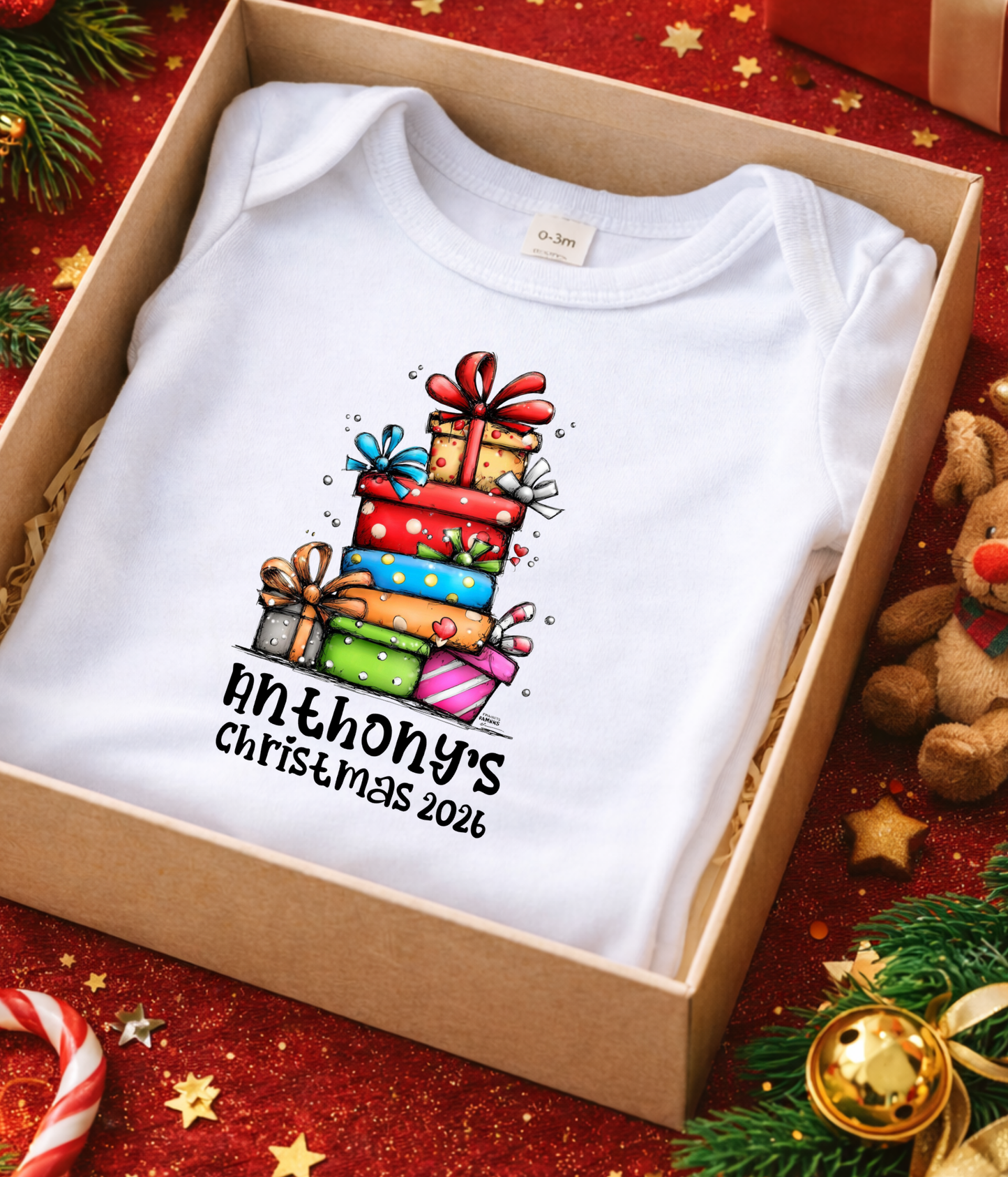 Personalized Baby Christmas Gift Stack Bodysuit – Custom Name & Year Holiday Outfit