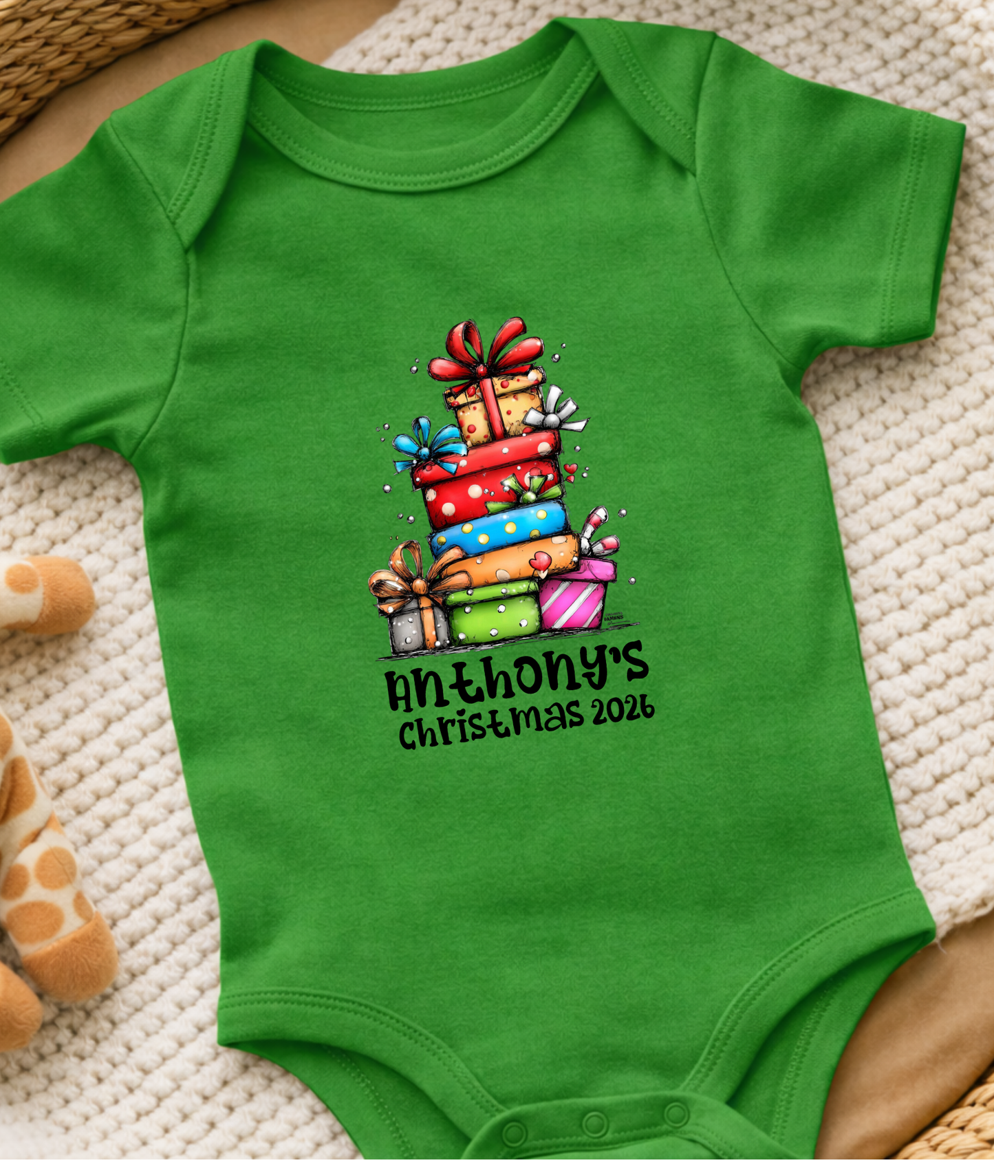 Personalized Baby Christmas Gift Stack Bodysuit – Custom Name & Year Holiday Outfit