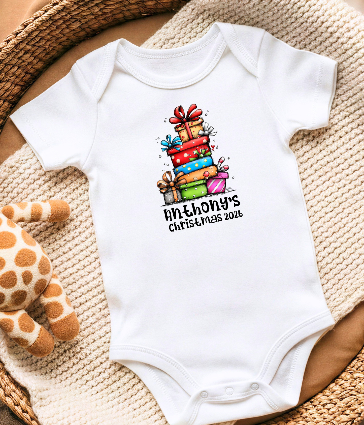 Personalized Baby Christmas Gift Stack Bodysuit – Custom Name & Year Holiday Outfit