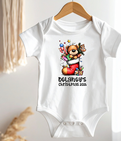 Personalized Baby Christmas Teddy Bear Bodysuit – Custom Name & Year Holiday Outfit