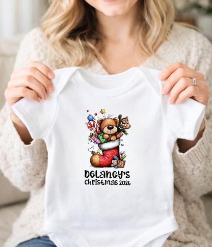 Personalized Baby Christmas Teddy Bear Bodysuit – Custom Name & Year Holiday Outfit