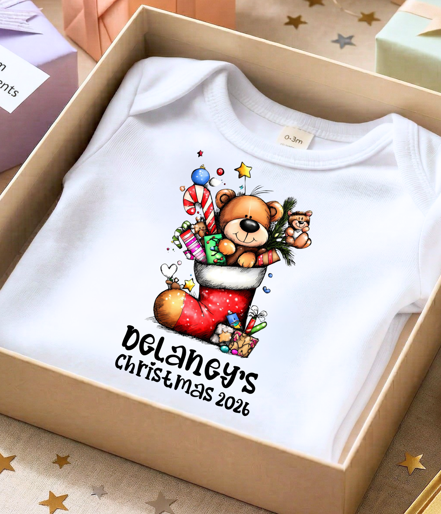 Personalized Baby Christmas Teddy Bear Bodysuit – Custom Name & Year Holiday Outfit
