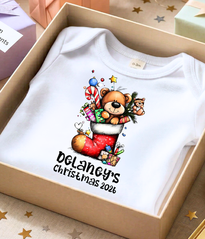 Personalized Baby Christmas Teddy Bear Bodysuit – Custom Name & Year Holiday Outfit