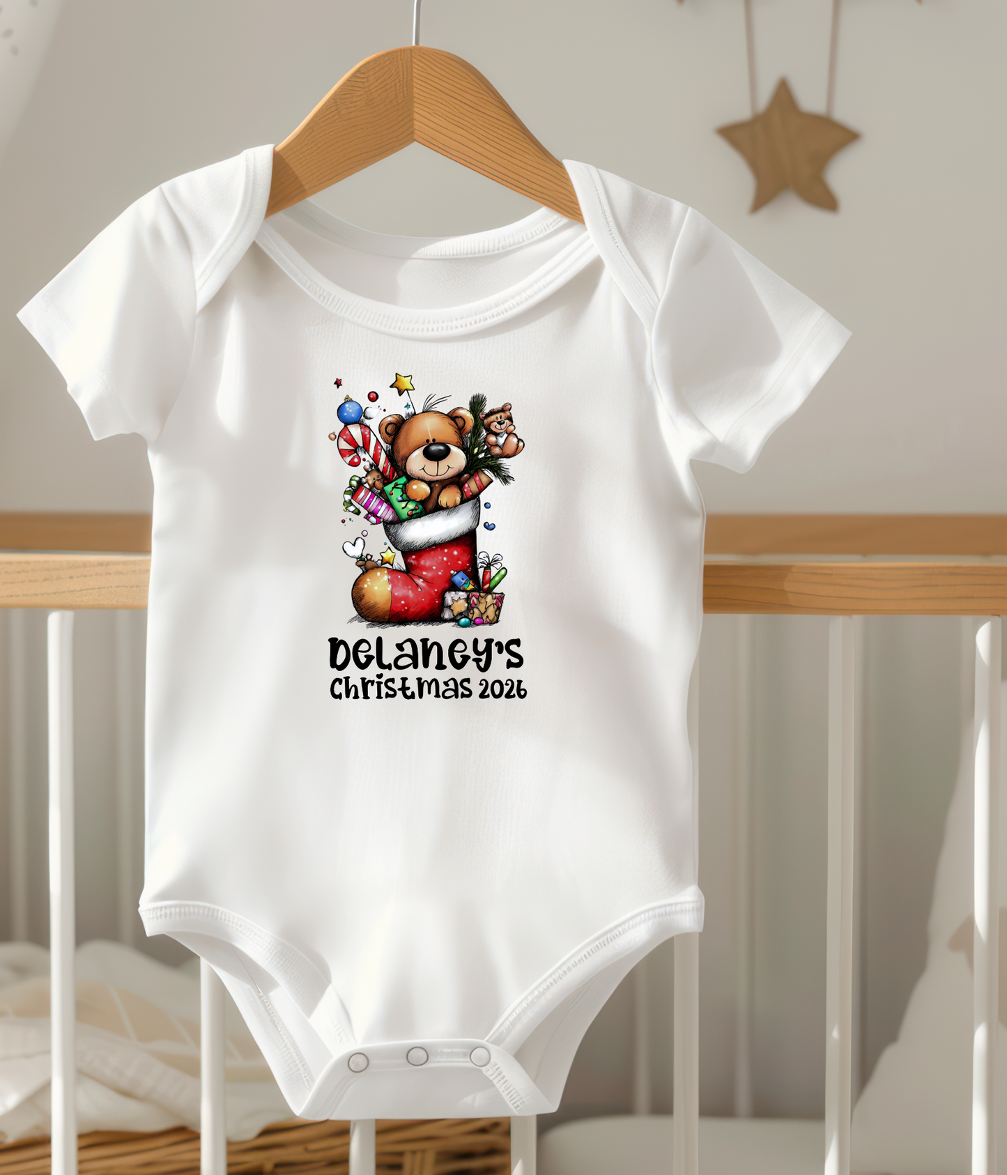 Personalized Baby Christmas Teddy Bear Bodysuit – Custom Name & Year Holiday Outfit