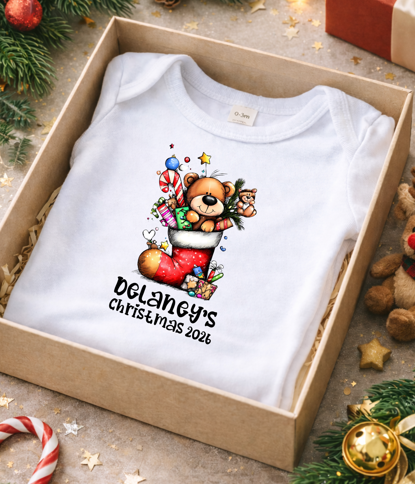 Personalized Baby Christmas Teddy Bear Bodysuit – Custom Name & Year Holiday Outfit