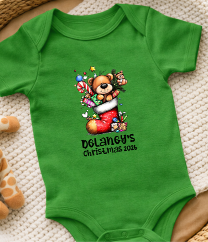 Personalized Baby Christmas Teddy Bear Bodysuit – Custom Name & Year Holiday Outfit