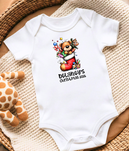 Personalized Baby Christmas Teddy Bear Bodysuit – Custom Name & Year Holiday Outfit