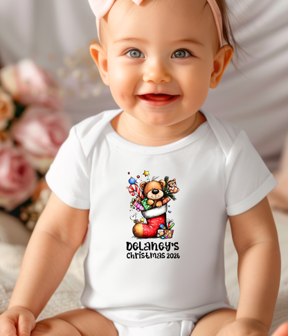 Personalized Baby Christmas Teddy Bear Bodysuit – Custom Name & Year Holiday Outfit