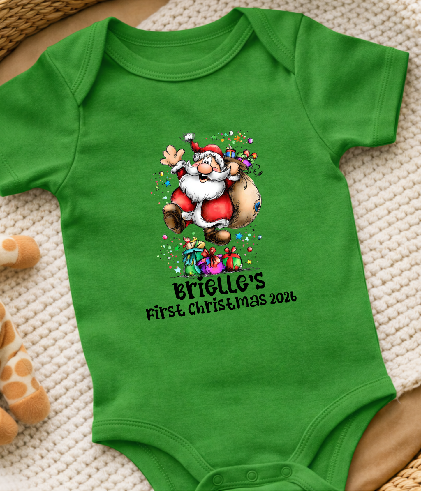Personalized Baby First Christmas Santa Bodysuit – Custom Name & Year Holiday Outfit