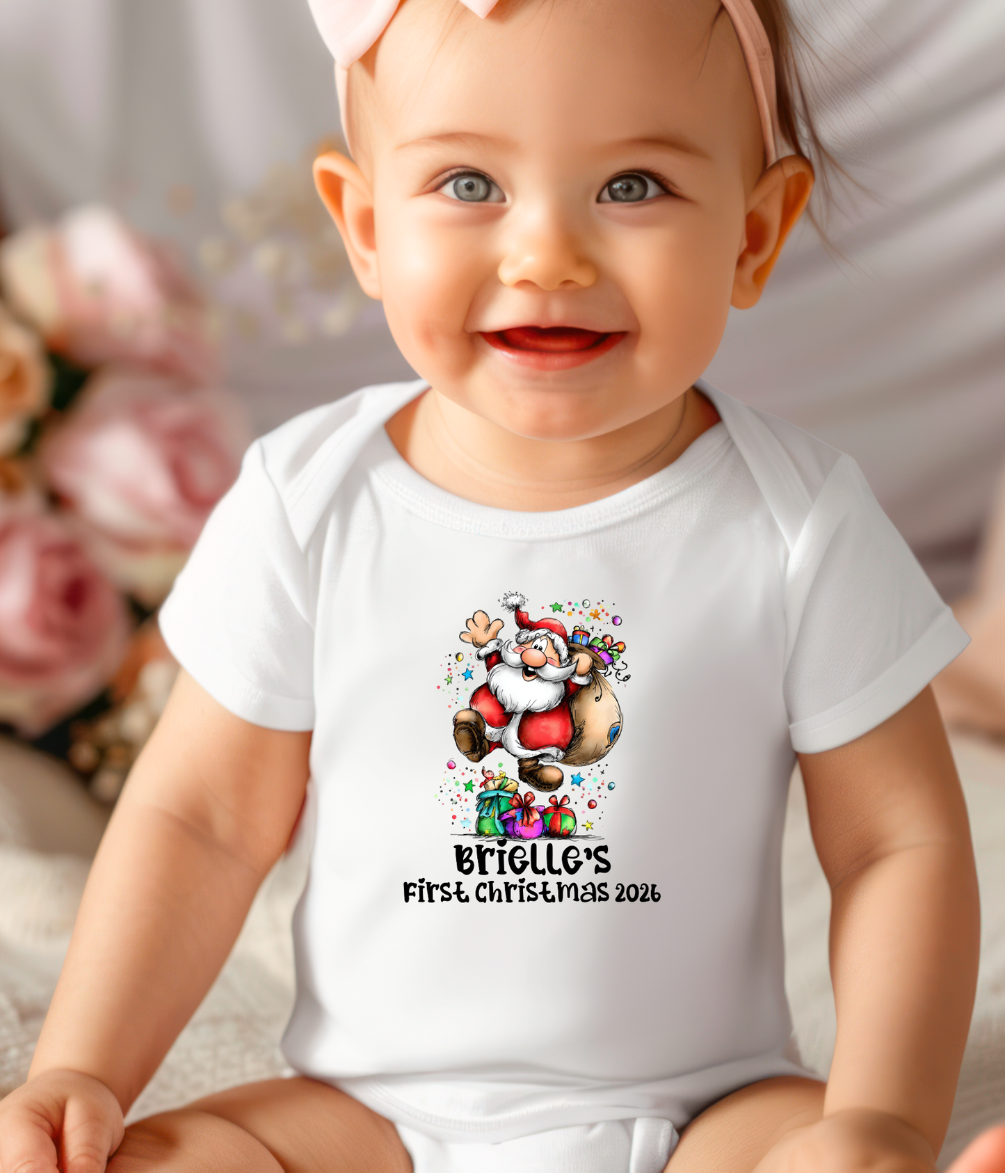 Personalized Baby First Christmas Santa Bodysuit – Custom Name & Year Holiday Outfit