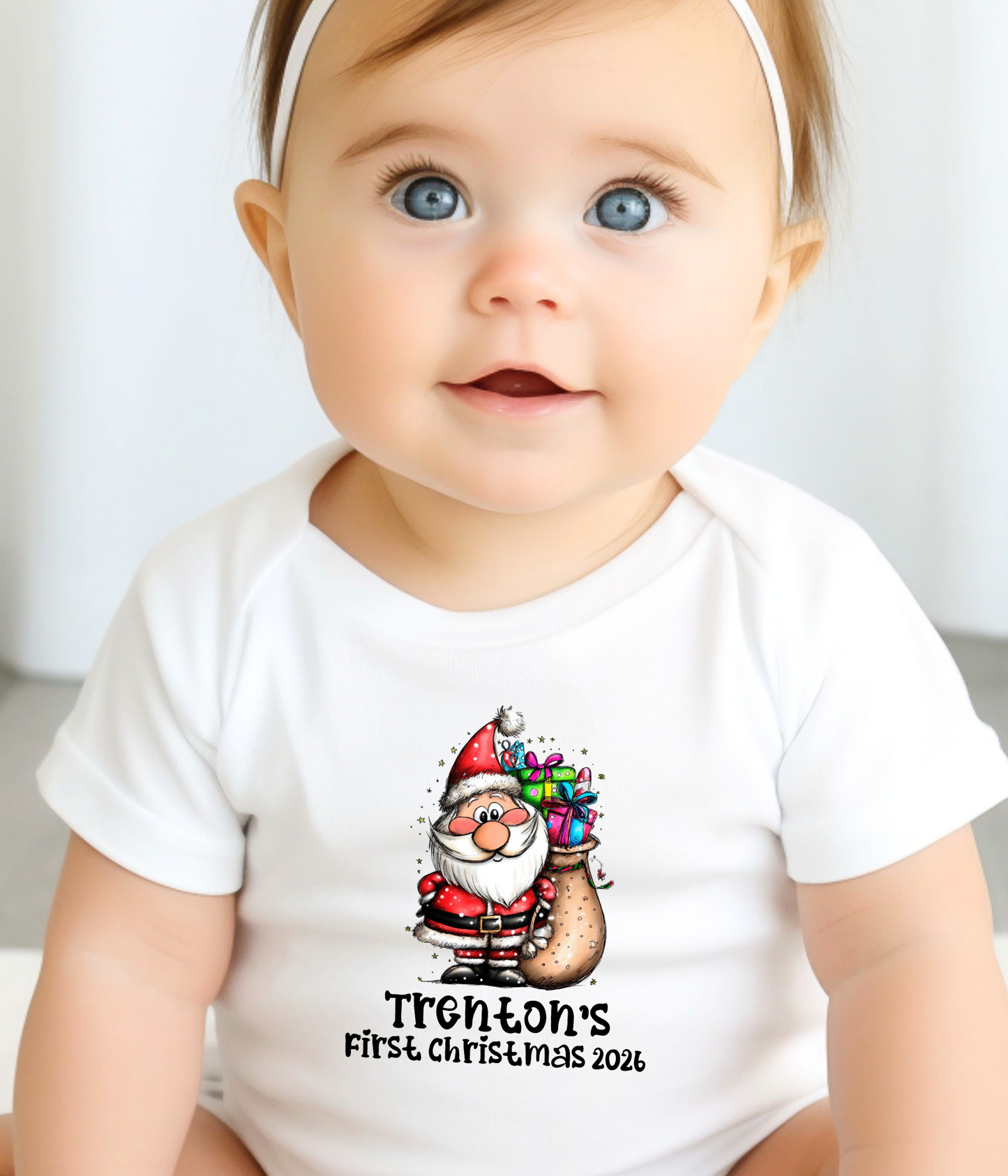 Personalized Baby First Christmas Santa Bodysuit – Custom Name & Year Holiday Outfit Keepsake