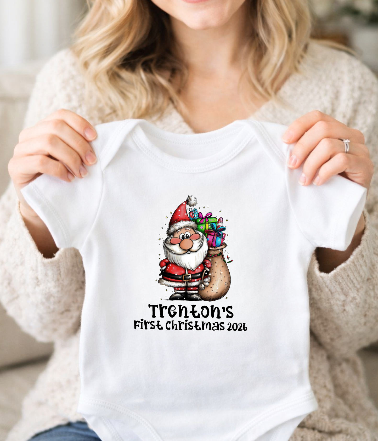 Personalized Baby First Christmas Santa Bodysuit – Custom Name & Year Holiday Outfit Keepsake