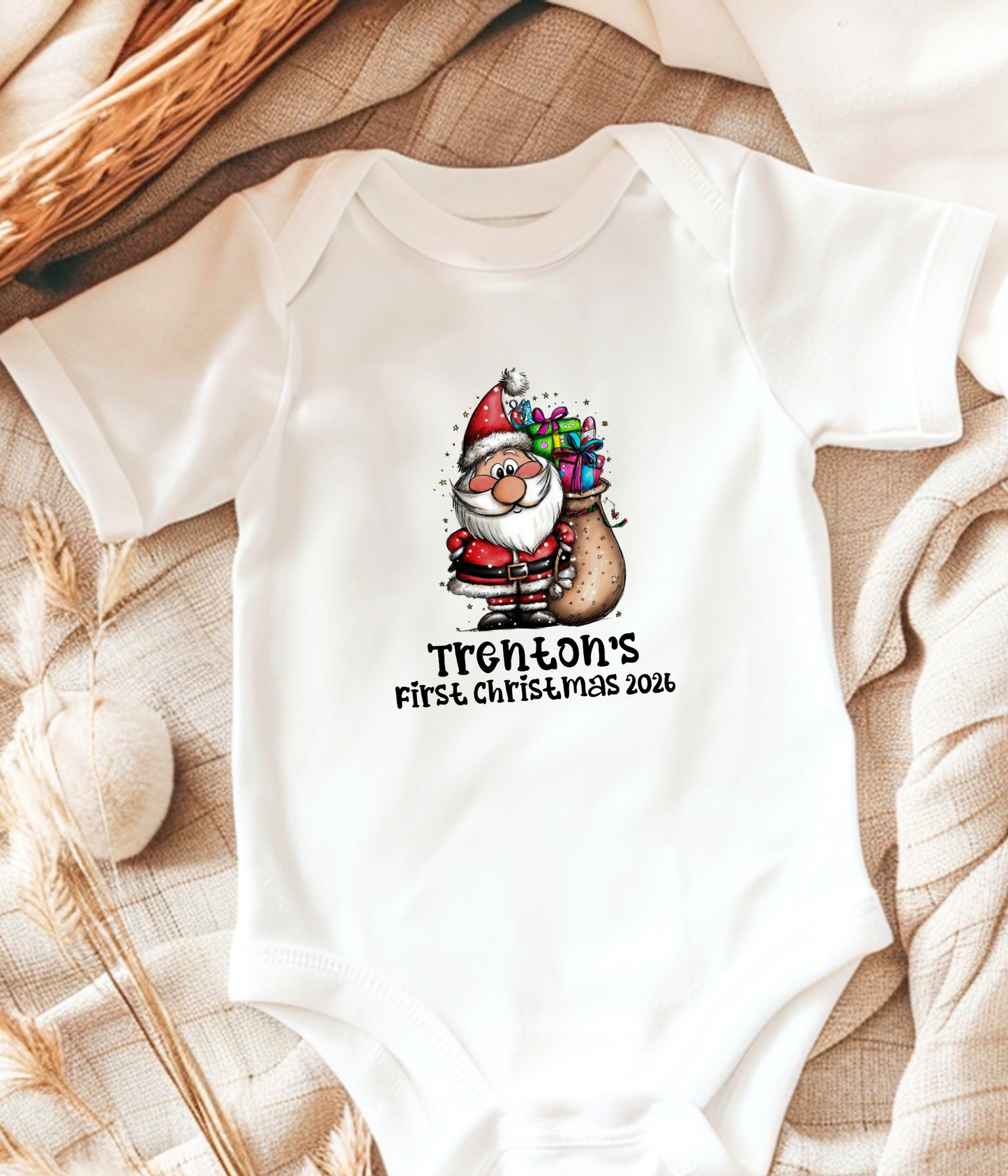 Personalized Baby First Christmas Santa Bodysuit – Custom Name & Year Holiday Outfit Keepsake