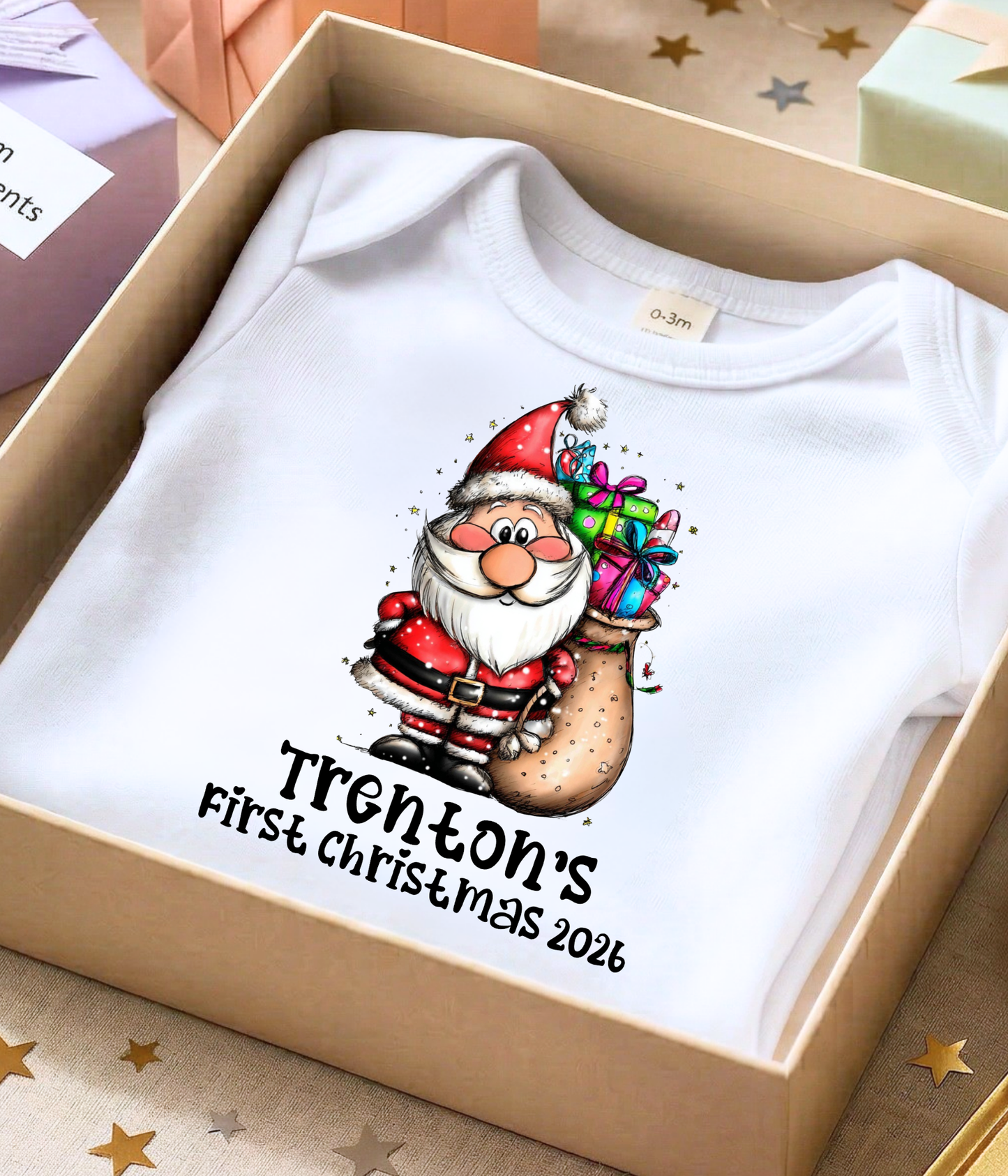 Personalized Baby First Christmas Santa Bodysuit – Custom Name & Year Holiday Outfit Keepsake