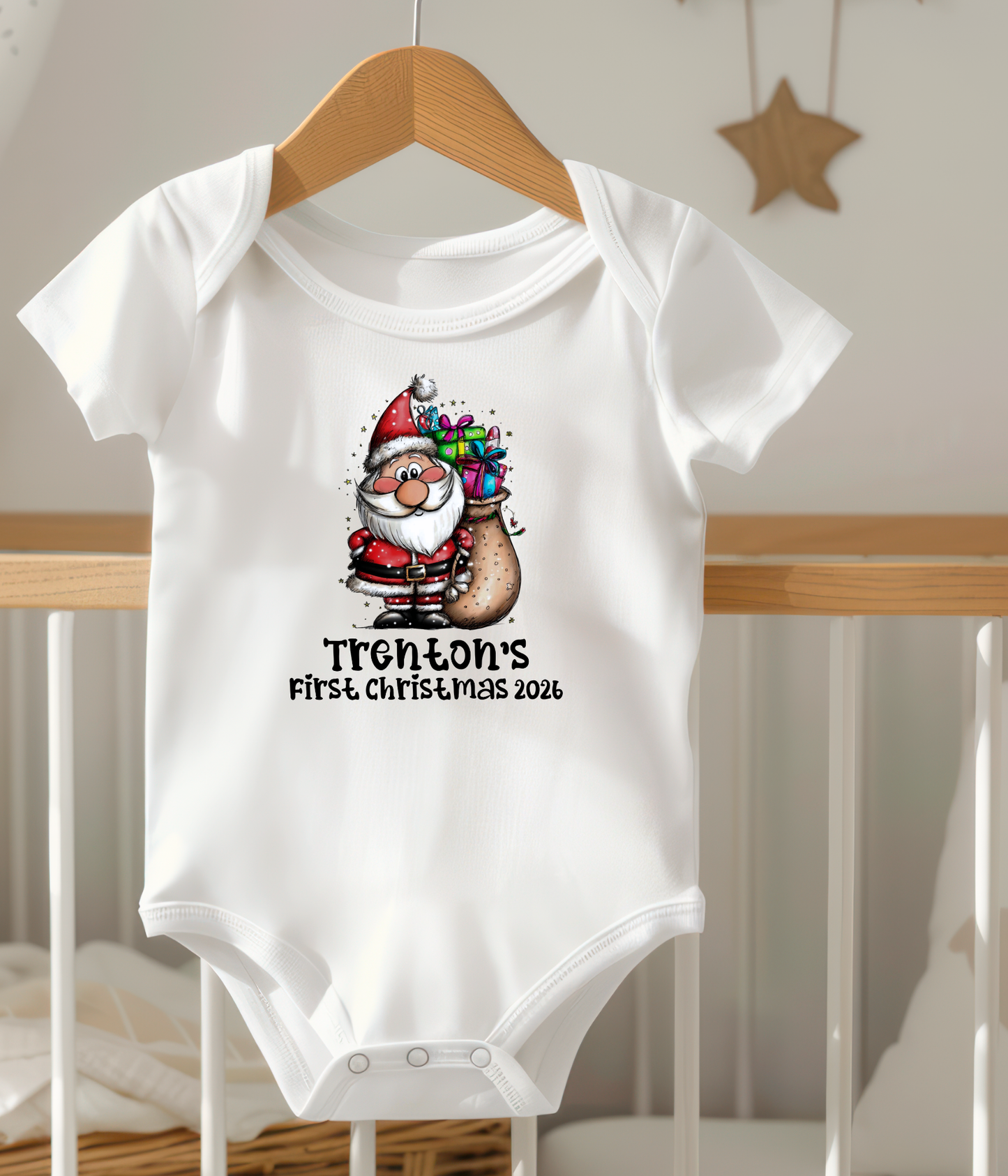 Personalized Baby First Christmas Santa Bodysuit – Custom Name & Year Holiday Outfit Keepsake