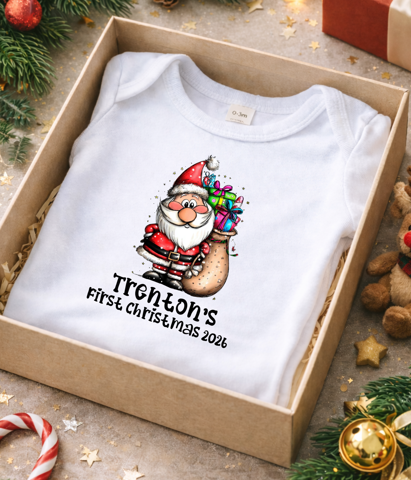 Personalized Baby First Christmas Santa Bodysuit – Custom Name & Year Holiday Outfit Keepsake