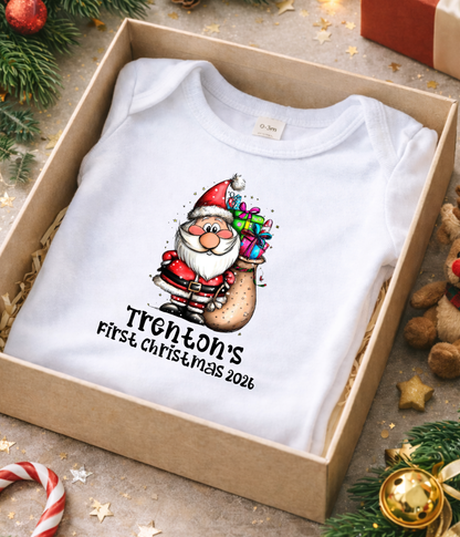 Personalized Baby First Christmas Santa Bodysuit – Custom Name & Year Holiday Outfit Keepsake