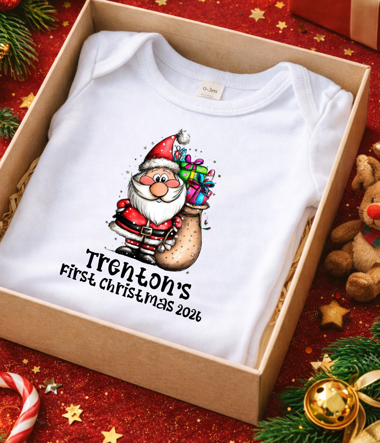 Personalized Baby First Christmas Santa Bodysuit – Custom Name & Year Holiday Outfit Keepsake