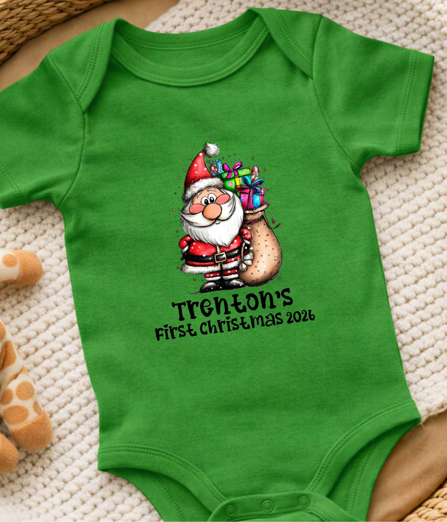 Personalized Baby First Christmas Santa Bodysuit – Custom Name & Year Holiday Outfit Keepsake