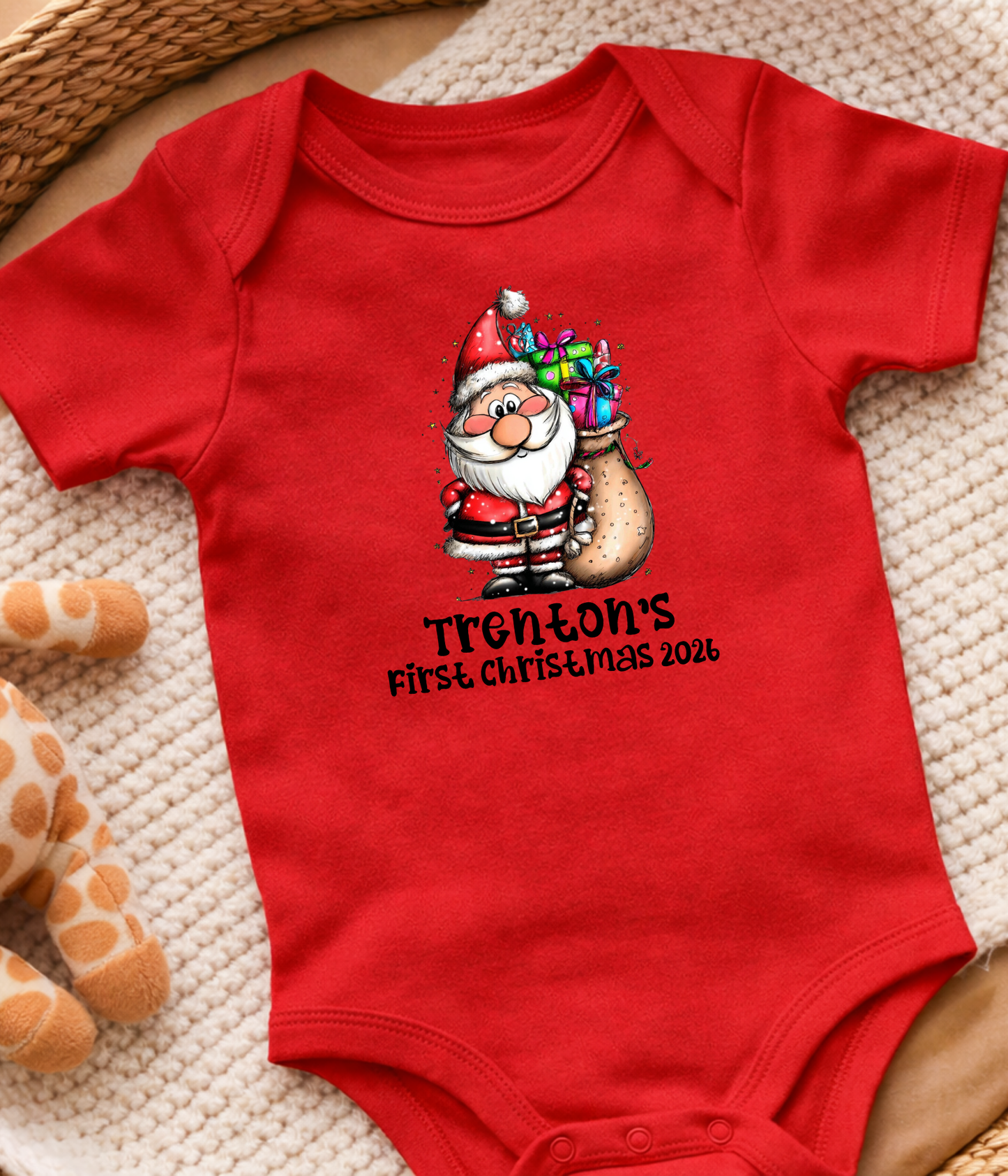Personalized Baby First Christmas Santa Bodysuit – Custom Name & Year Holiday Outfit Keepsake