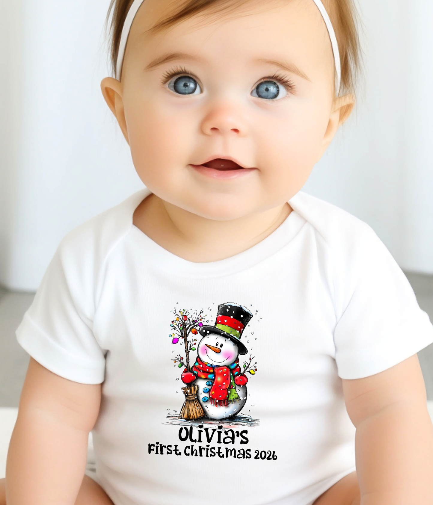 Personalized Baby First Christmas Snowman Bodysuit – Custom Name & Year Holiday Outfit Keepsake
