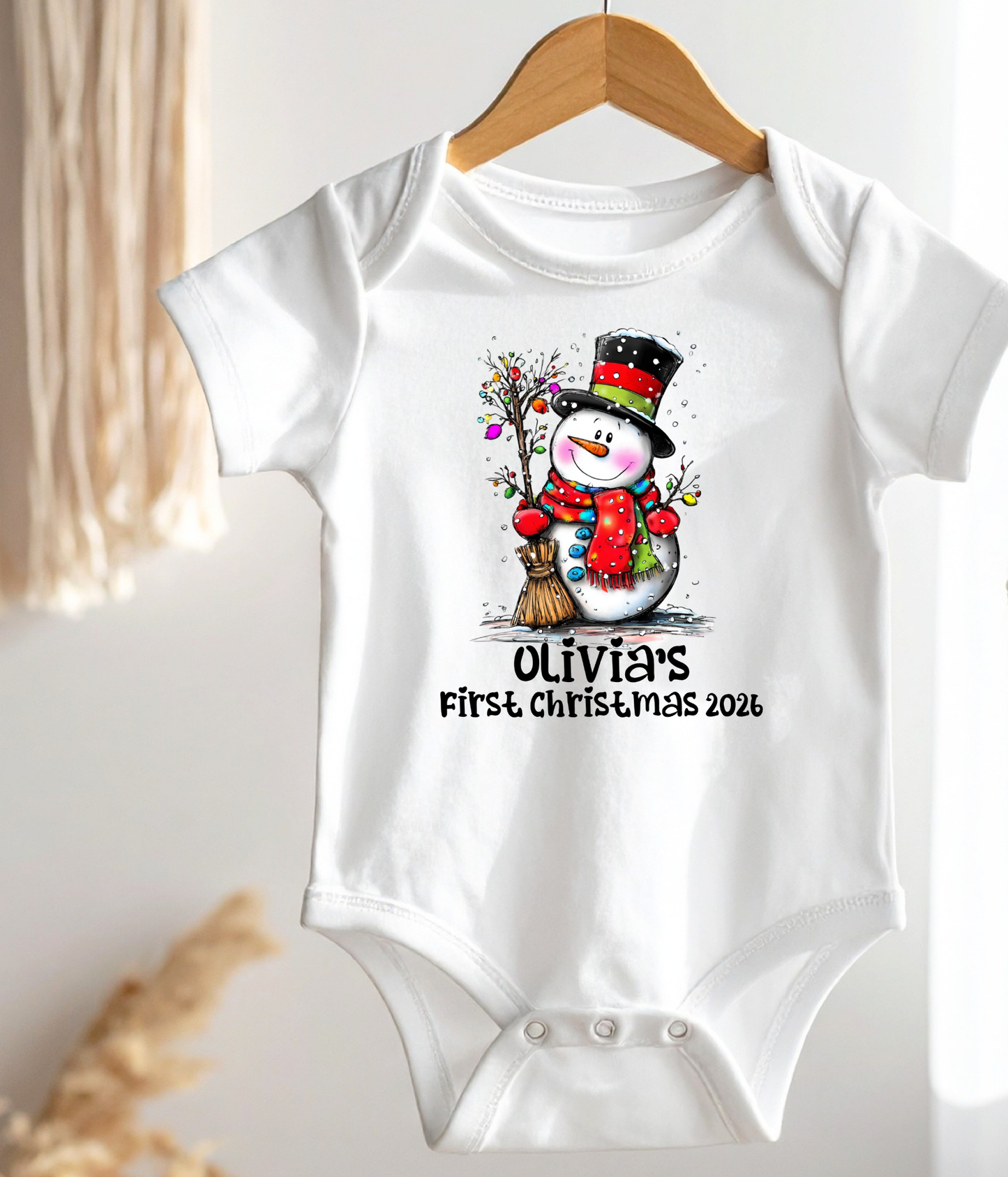 Personalized Baby First Christmas Snowman Bodysuit – Custom Name & Year Holiday Outfit Keepsake