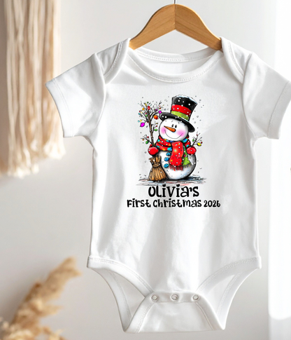 Personalized Baby First Christmas Snowman Bodysuit – Custom Name & Year Holiday Outfit Keepsake