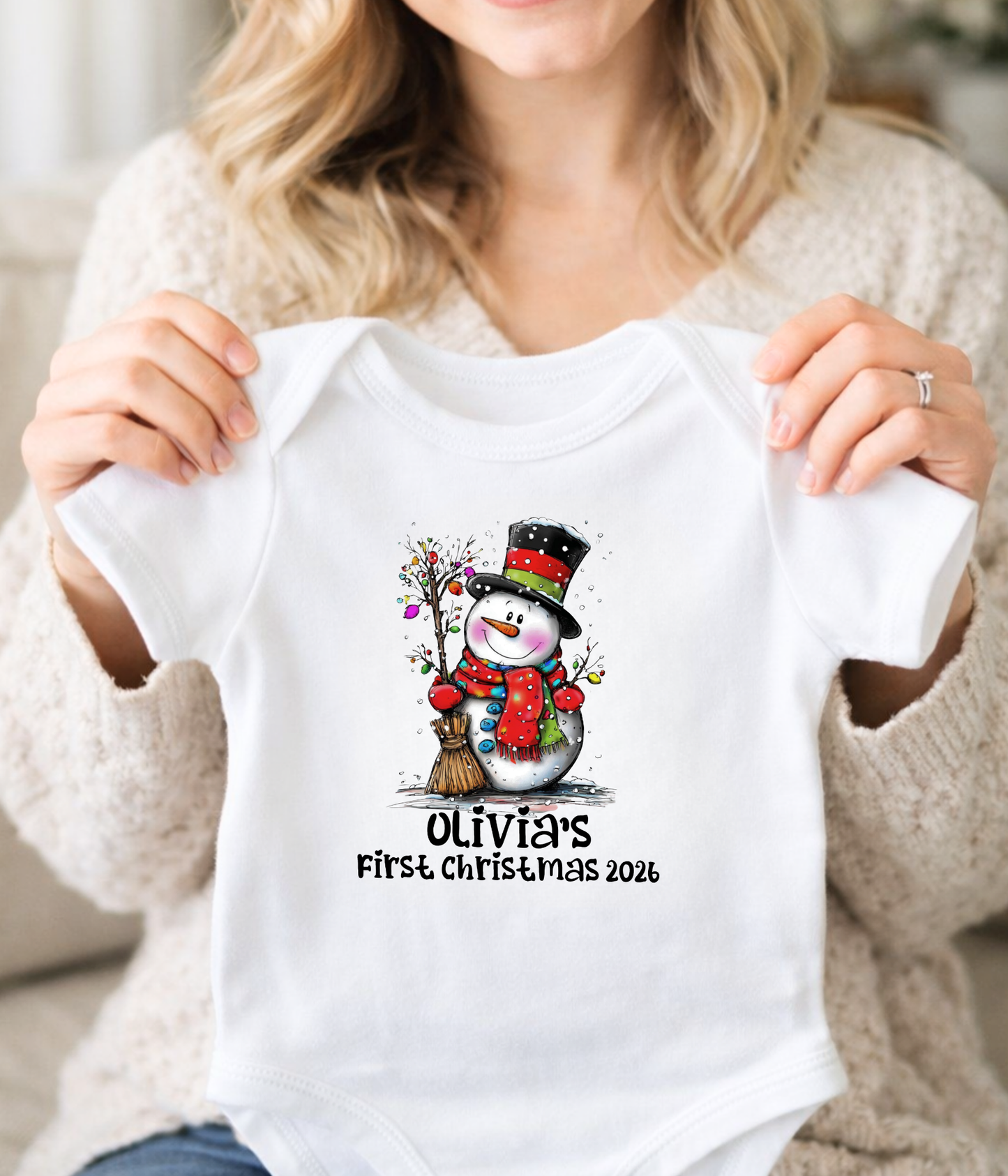Personalized Baby First Christmas Snowman Bodysuit – Custom Name & Year Holiday Outfit Keepsake