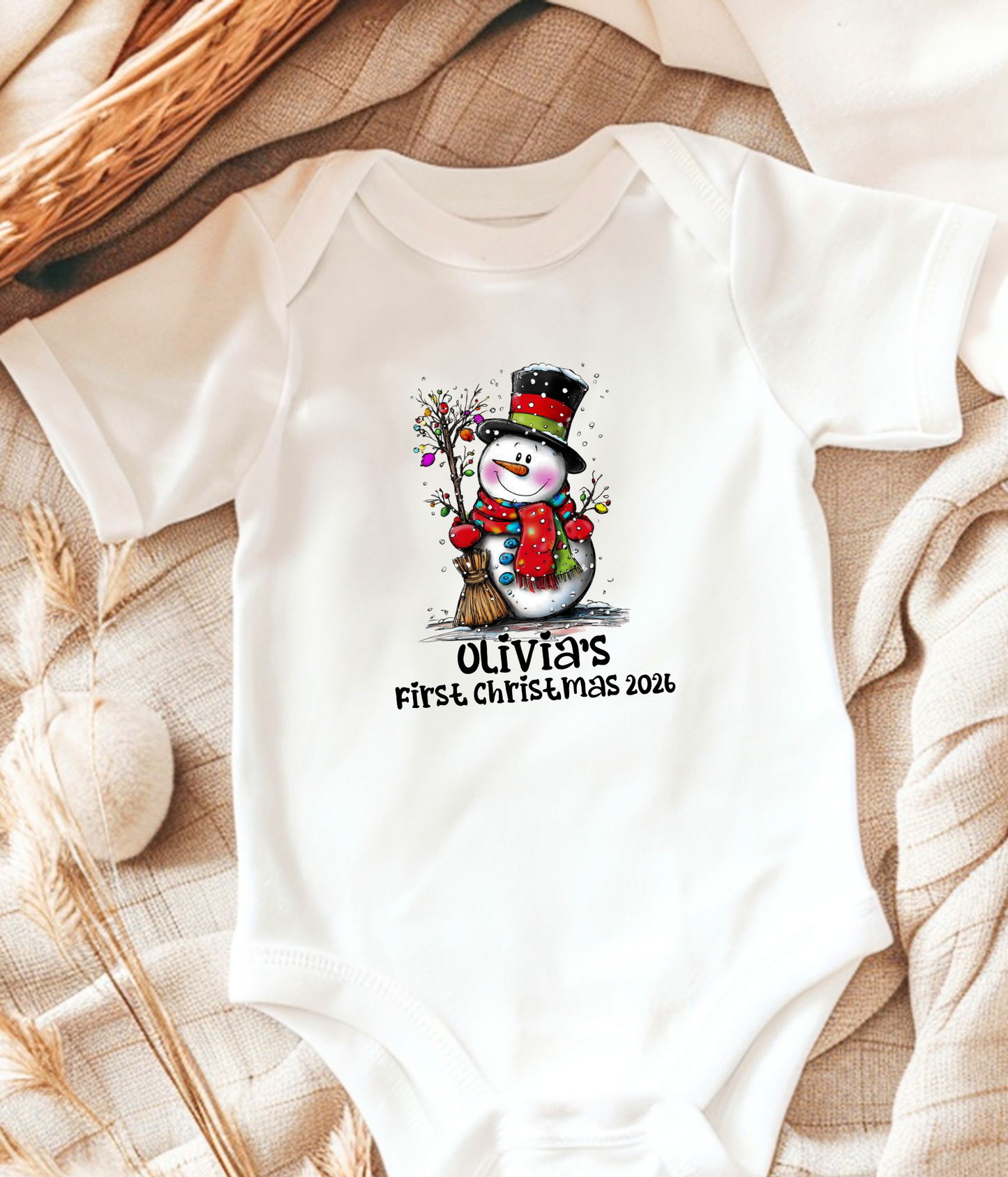 Personalized Baby First Christmas Snowman Bodysuit – Custom Name & Year Holiday Outfit Keepsake