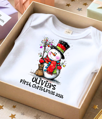 Personalized Baby First Christmas Snowman Bodysuit – Custom Name & Year Holiday Outfit Keepsake
