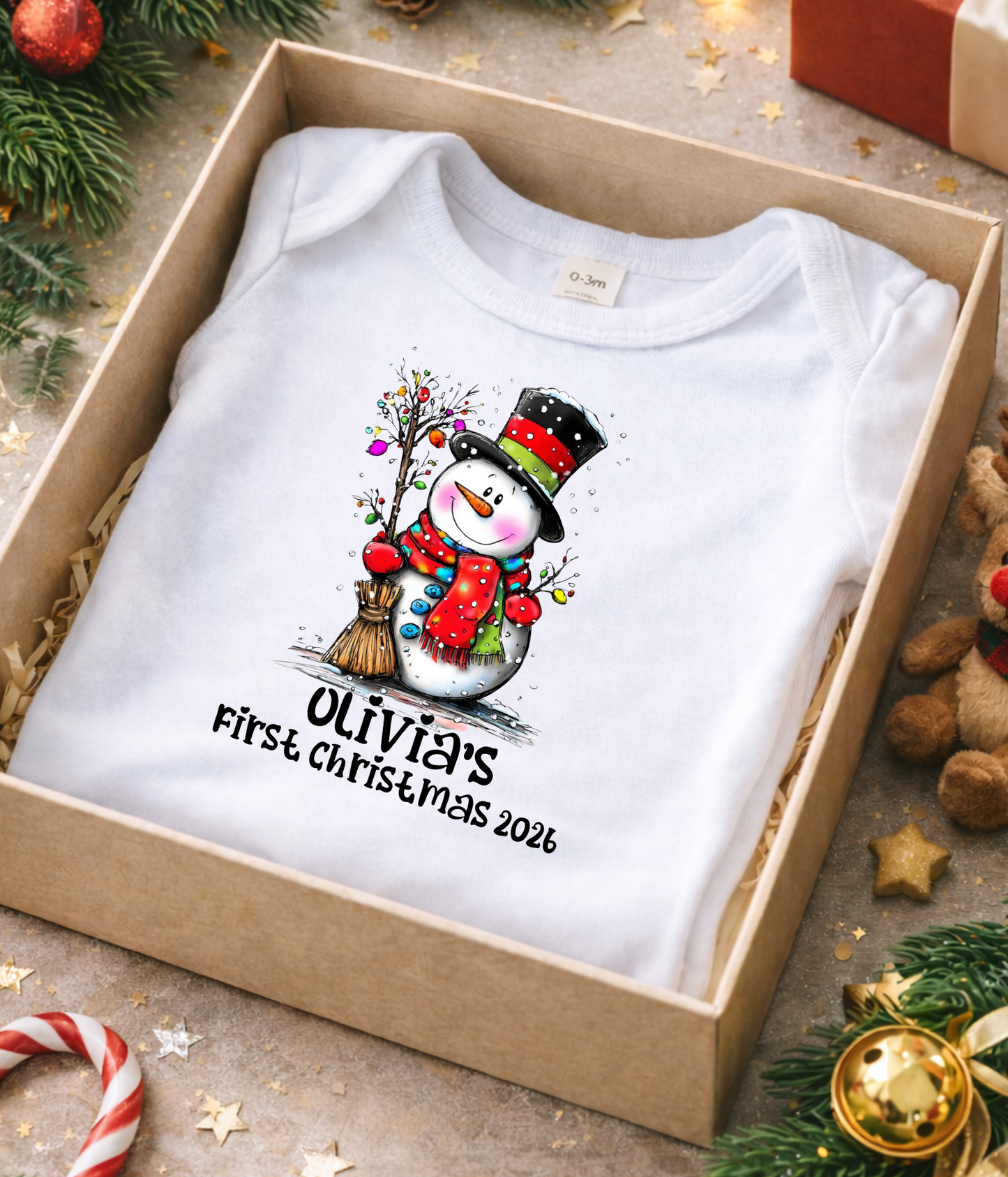 Personalized Baby First Christmas Snowman Bodysuit – Custom Name & Year Holiday Outfit Keepsake