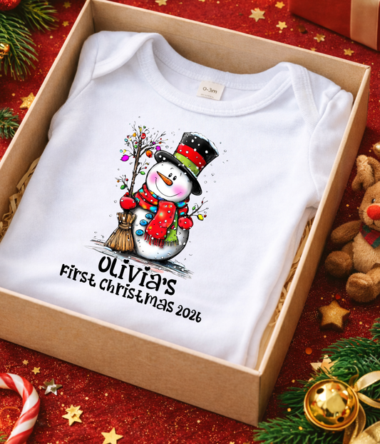 Personalized Baby First Christmas Snowman Bodysuit – Custom Name & Year Holiday Outfit Keepsake