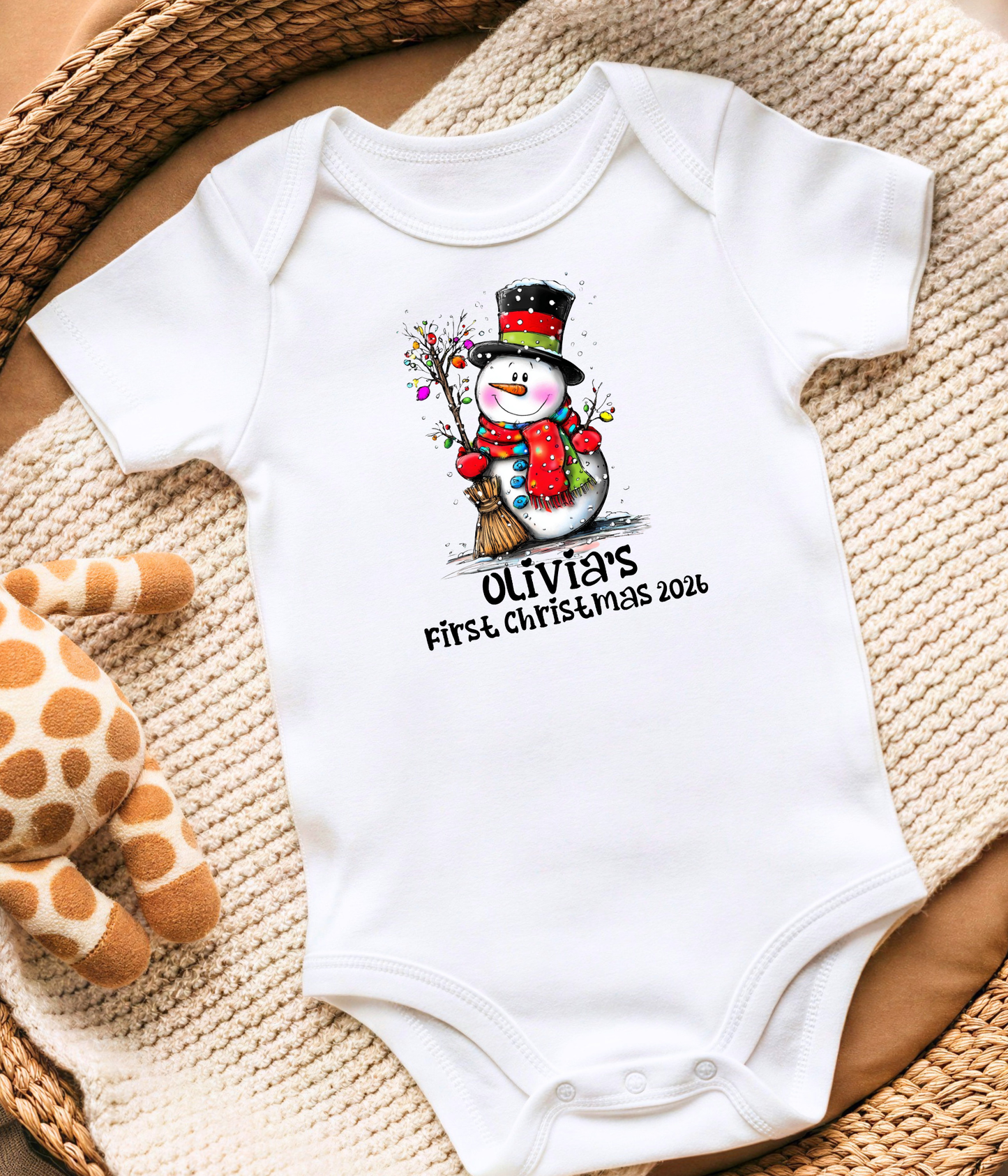 Personalized Baby First Christmas Snowman Bodysuit – Custom Name & Year Holiday Outfit Keepsake