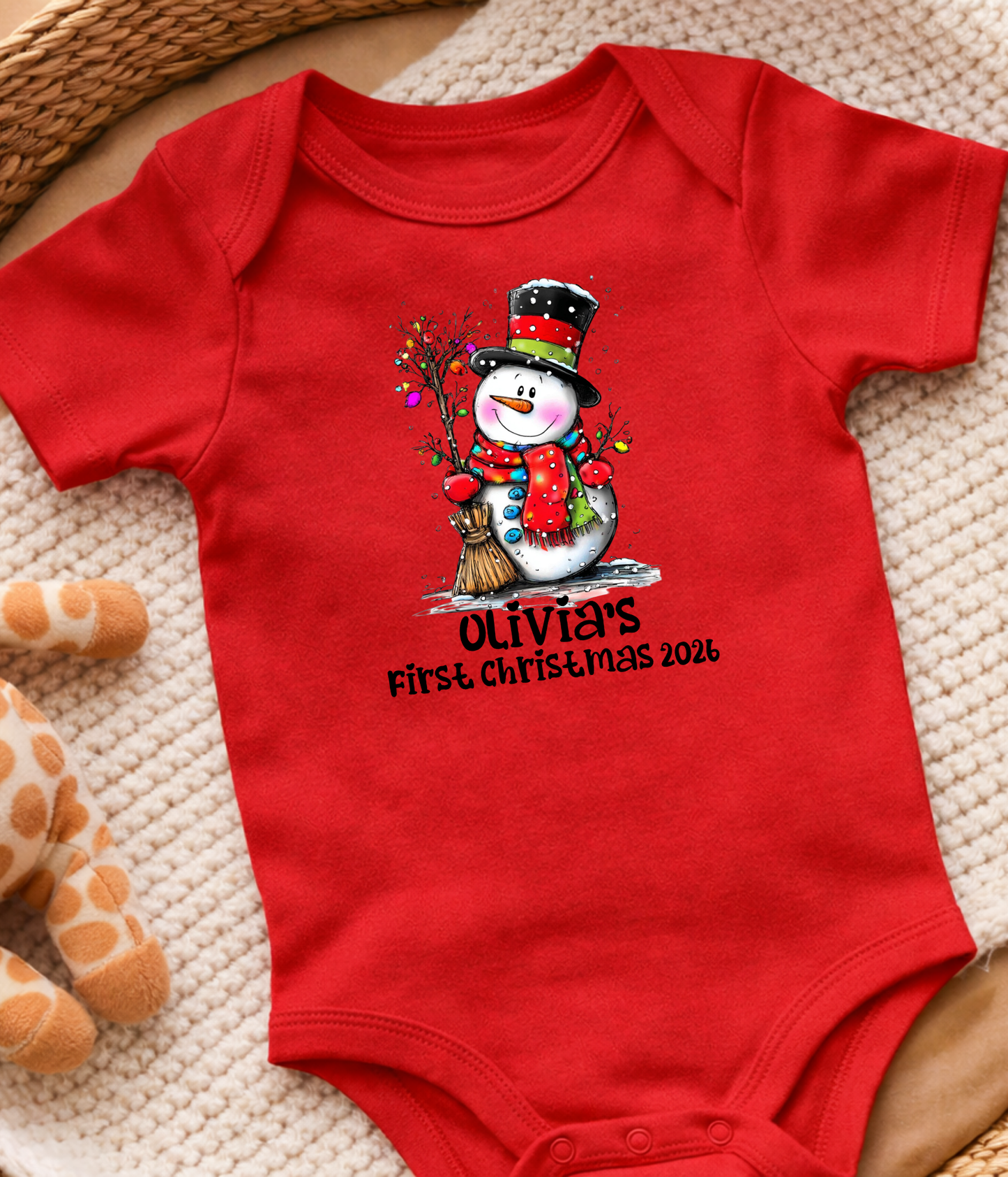 Personalized Baby First Christmas Snowman Bodysuit – Custom Name & Year Holiday Outfit Keepsake