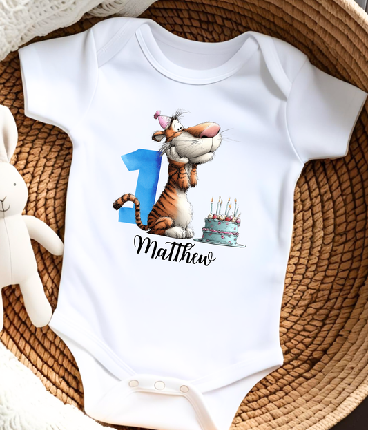 Personalized First Birthday Outfit – Baby Bodysuit with Adorable Tiger Design
