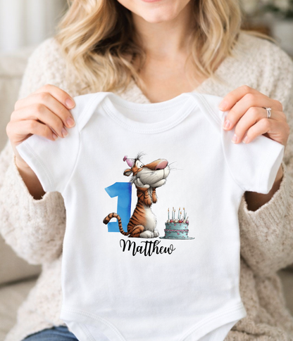 Personalized First Birthday Outfit – Baby Bodysuit with Adorable Tiger Design