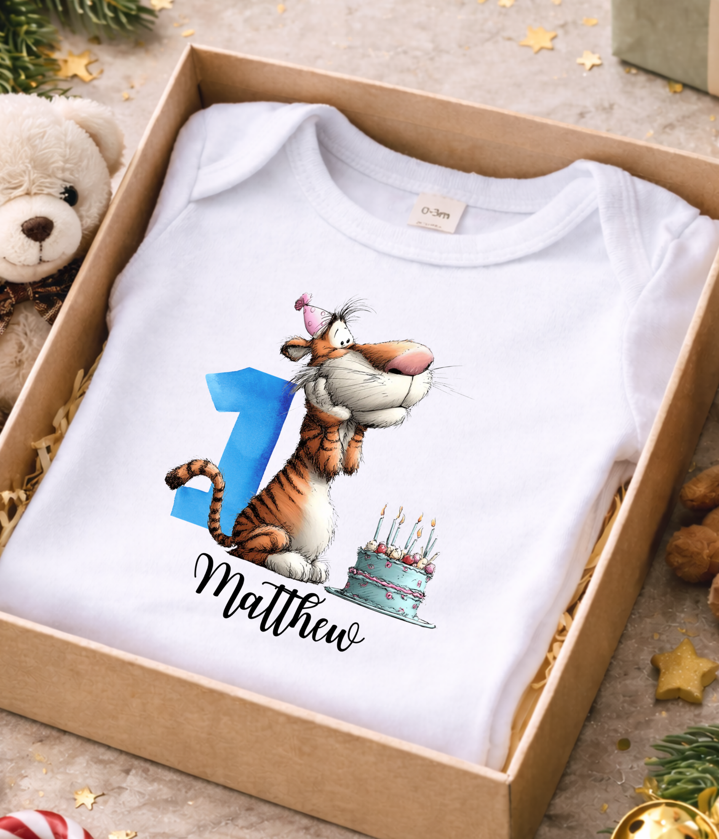 Personalized First Birthday Outfit – Baby Bodysuit with Adorable Tiger Design