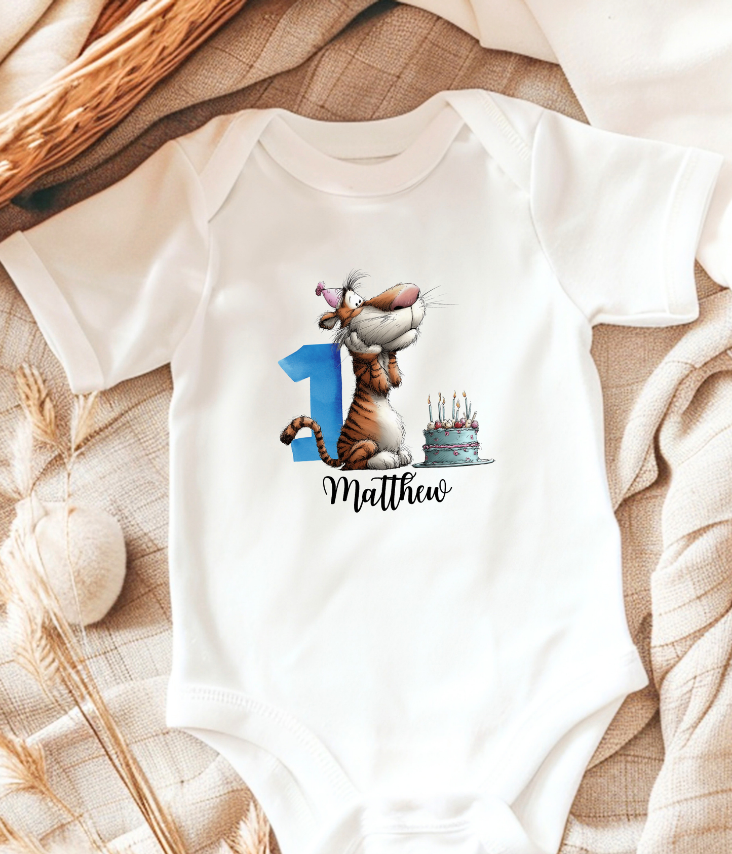 Personalized First Birthday Outfit – Baby Bodysuit with Adorable Tiger Design