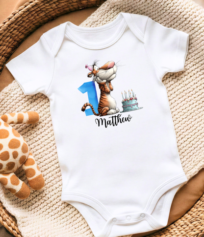 Personalized First Birthday Outfit – Baby Bodysuit with Adorable Tiger Design