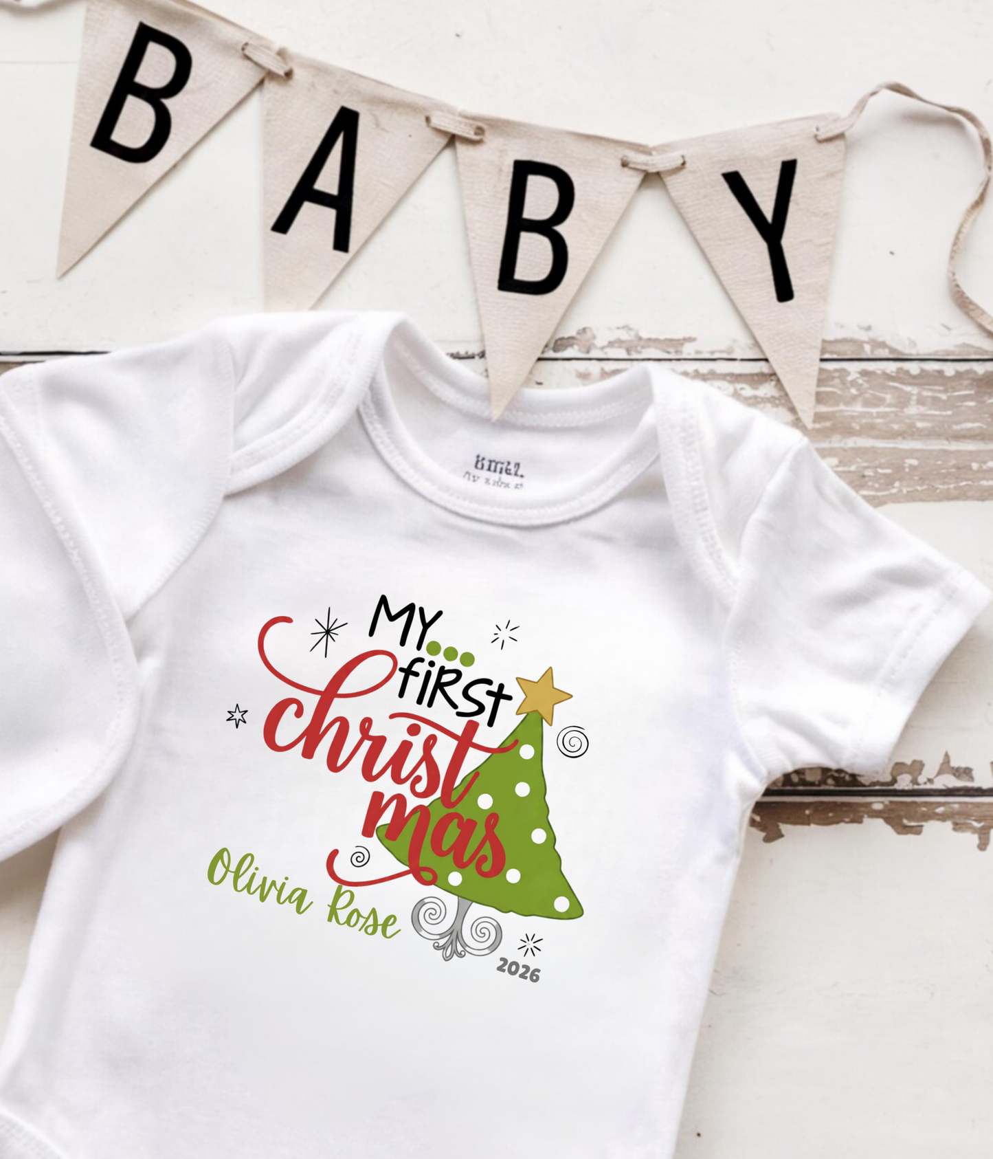 Baby Bodysuit Tee - "My First Christmas" Holiday Onesie with Christmas Tree Design