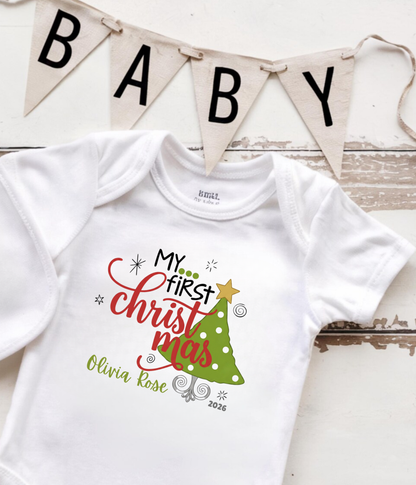 Baby Bodysuit Tee - "My First Christmas" Holiday Onesie with Christmas Tree Design