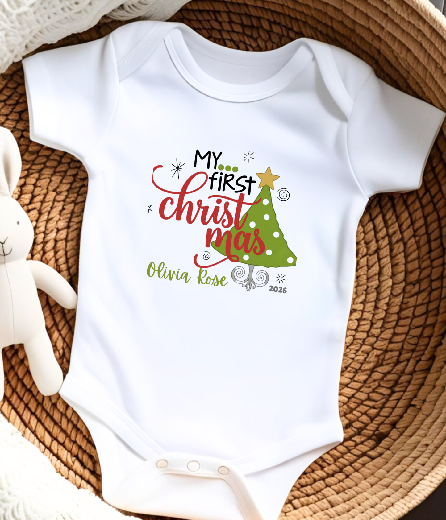 Baby Bodysuit Tee - "My First Christmas" Holiday Onesie with Christmas Tree Design