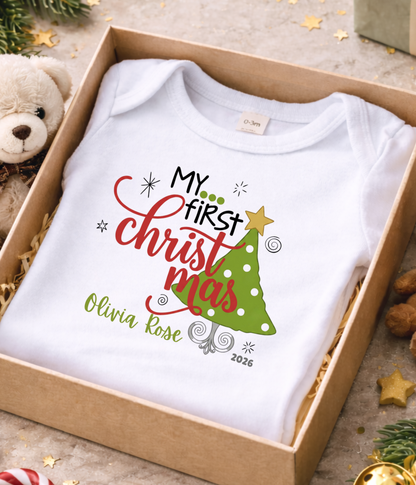 Baby Bodysuit Tee - "My First Christmas" Holiday Onesie with Christmas Tree Design