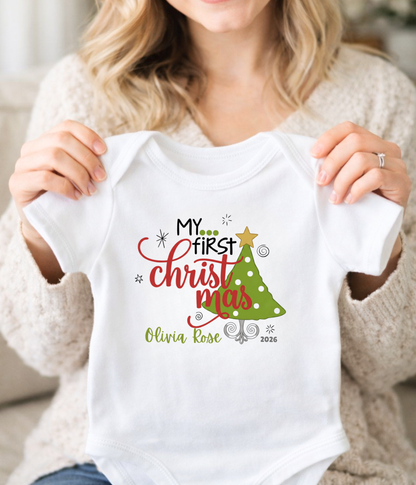 Baby Bodysuit Tee - "My First Christmas" Holiday Onesie with Christmas Tree Design