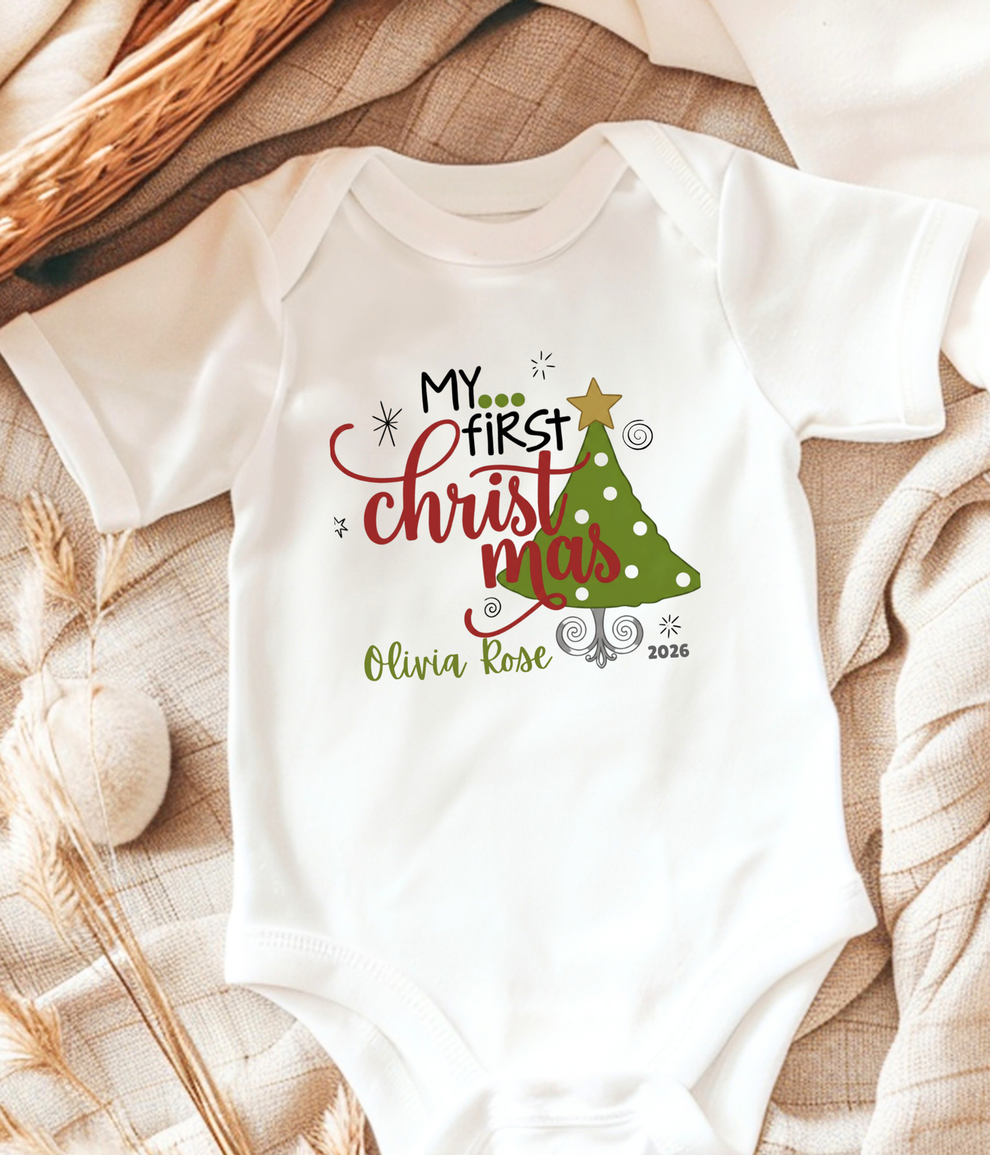 Baby Bodysuit Tee - "My First Christmas" Holiday Onesie with Christmas Tree Design