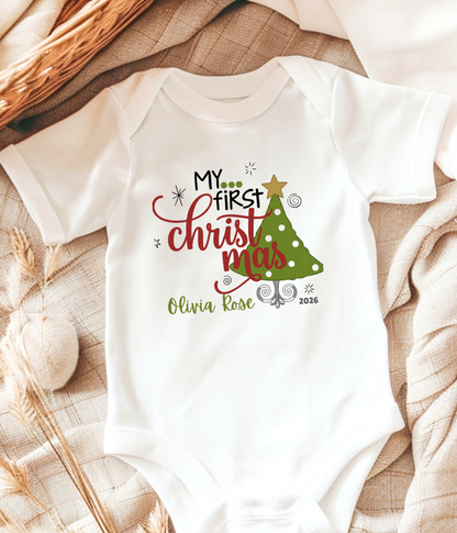 Baby Bodysuit Tee - "My First Christmas" Holiday Onesie with Christmas Tree Design
